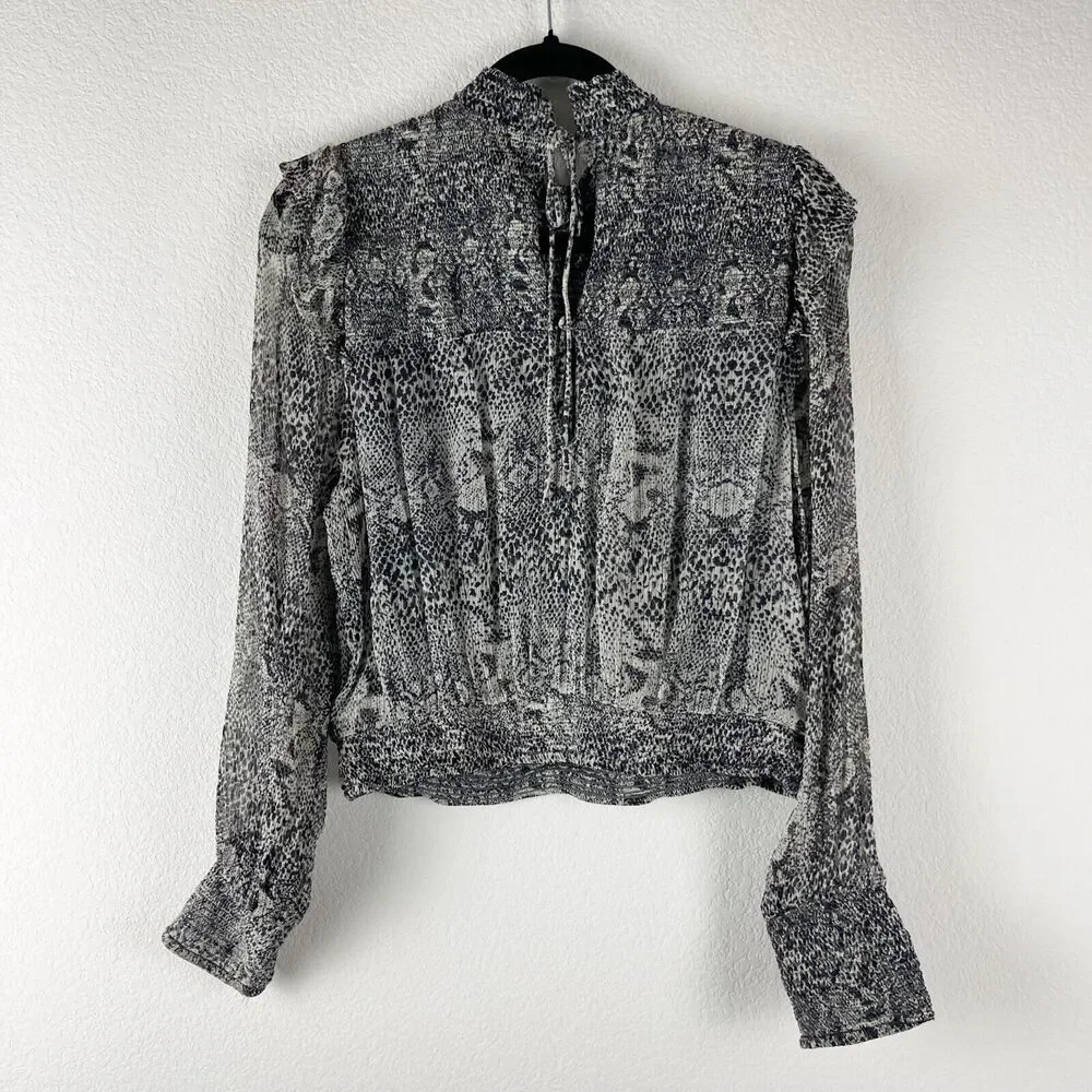 Free People RomaTop Womens Medium Snake Print‎ Smocked Sheer Puff Sleeve Ruffle